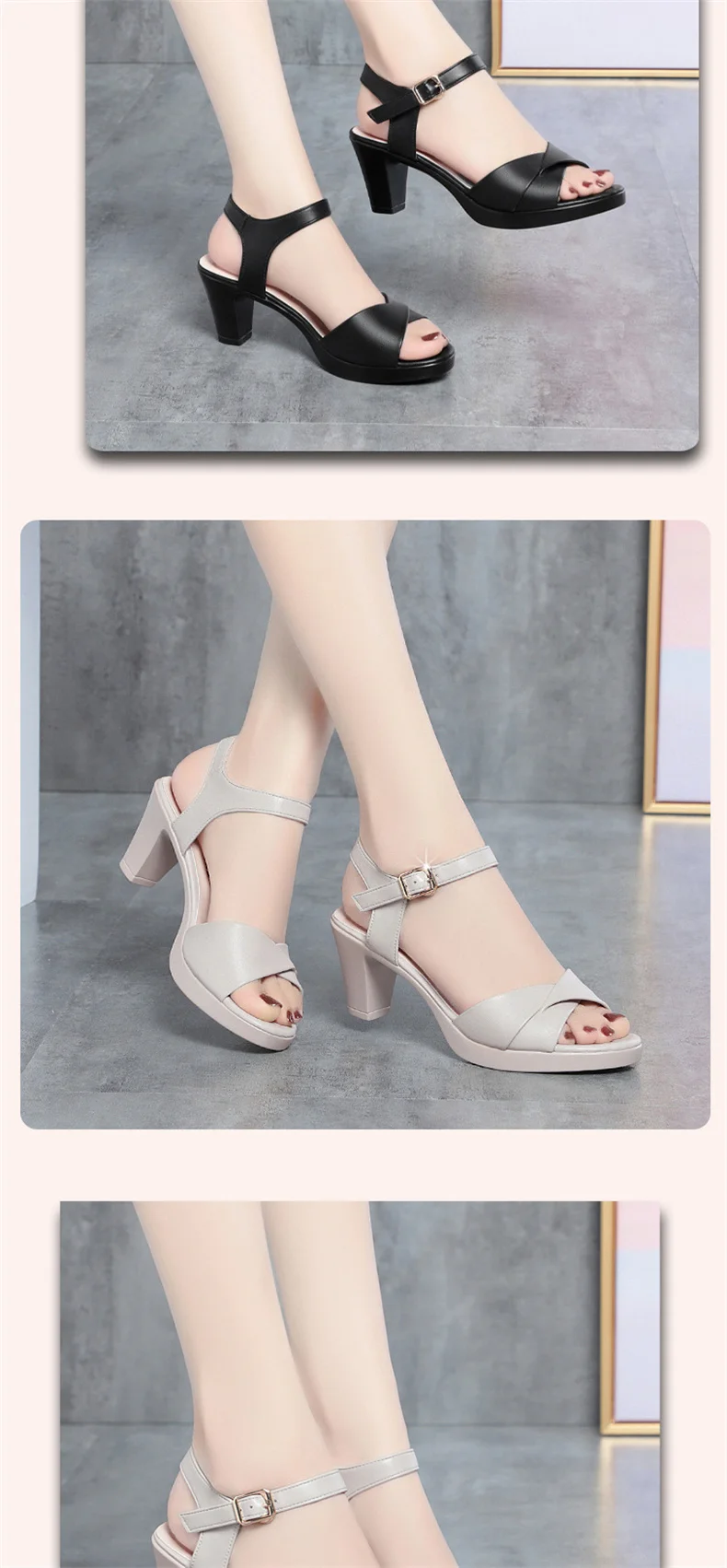 Summer Women Thick Heel Waterproof Platform Light Weight Comfortable Peep Toe High Heel Shoes Casual Soft Leather Mother Shoes