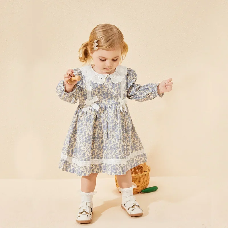 

New Children's Dress Lace Bow Long Sleeve Floral Forest Princess Dress Baby Girl Birthday Dress