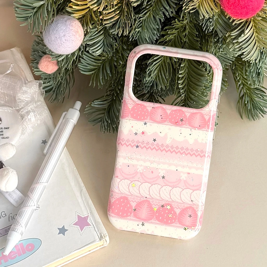 Charming Strawberry Star Glitter Shockproof Protective Phone Case - Pink Cream Edition