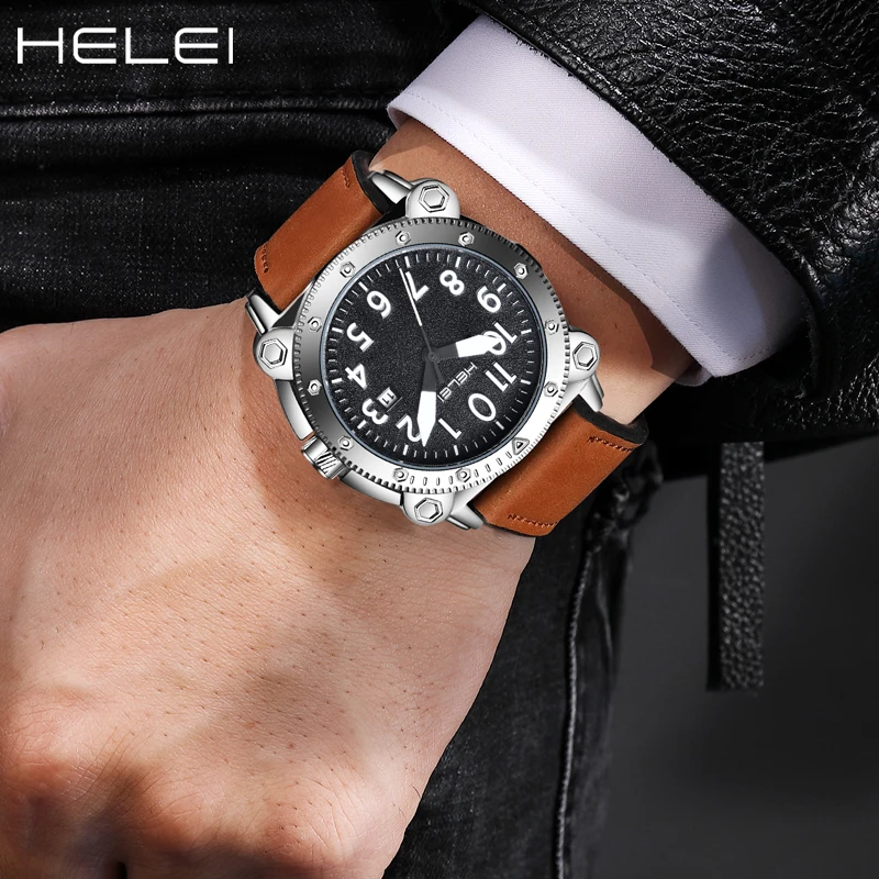 HELEI Men's Watches 2024 Luxury Waterproof Date Quartz Wristwatches Male Clock Pilot Big Case Fashion Original Watches For Men