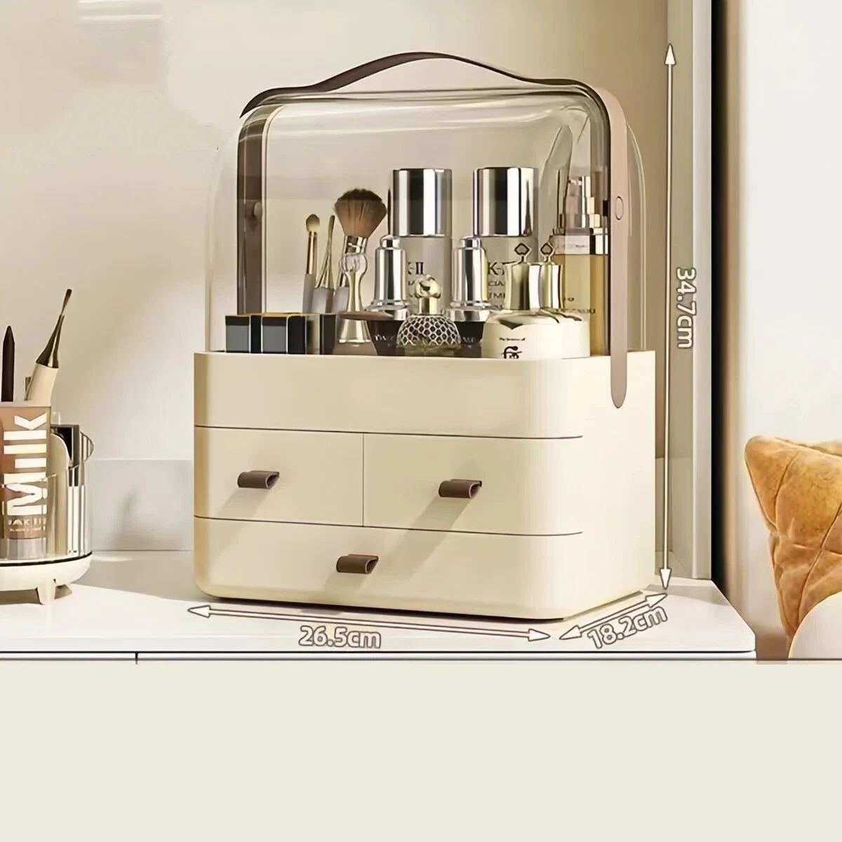 1 قطعة صندوق استقبال مستحضرات التجميل منظم ماكياج سطح المكتب مقاوم للغبار مع درج لمنتجات العناية بالبشرة رف صندوق تخزين منزلي