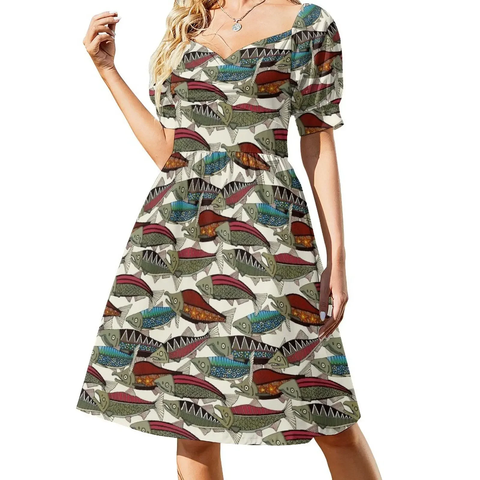 thumbnail image 1 of Vestido sin mangas con perla de salmón de Alaska, ropa femenina, vestidos cortos, atrevido, vestido de dama de honor, vestido de mujer, 1 of 7