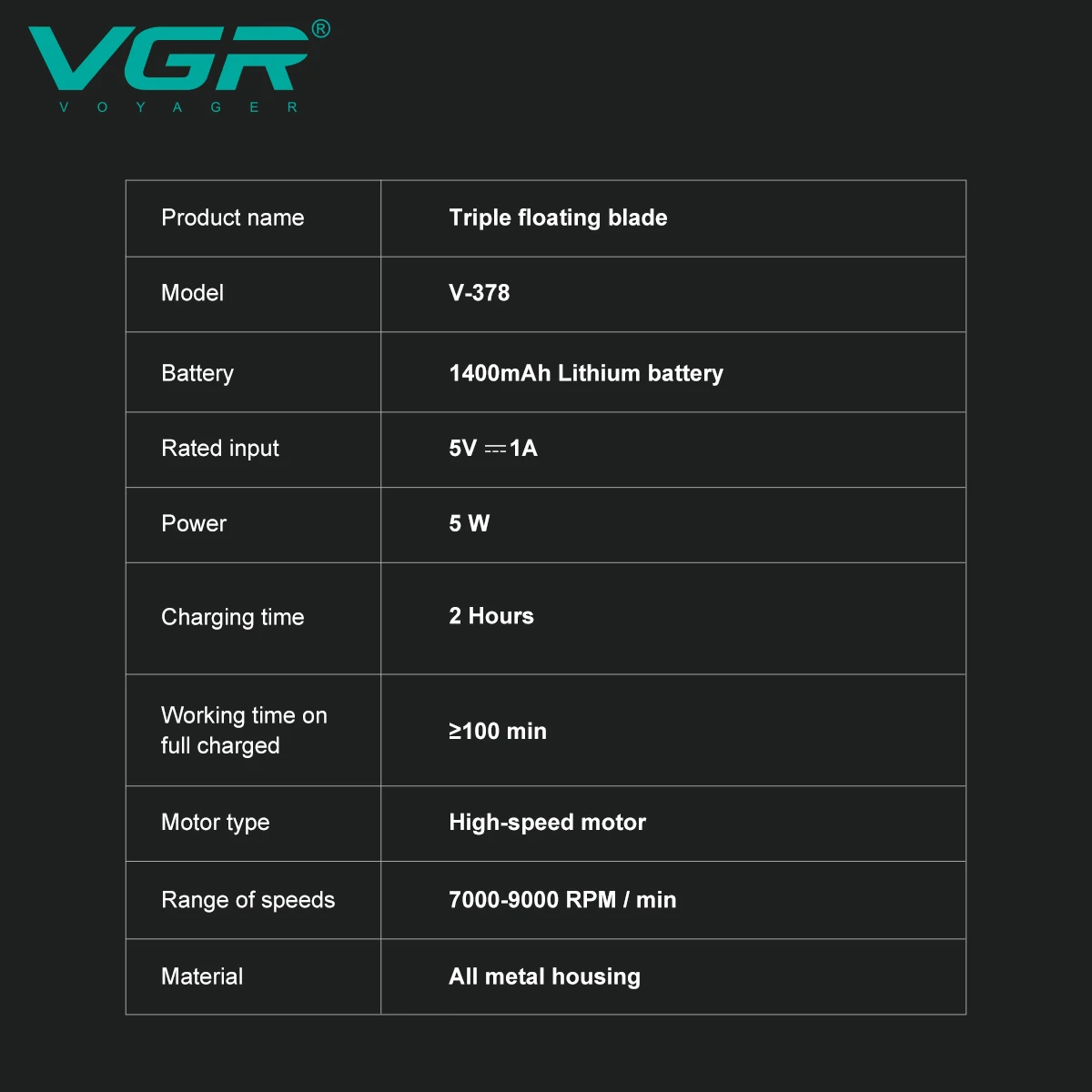 VGR Electric Shaver Rechargeable Shaving Machine Professional Beard Trimmer 9000 RPM Portable Shaver for Men V-378 electric shaver hair trimmer electric razor rotary shaver cordless shaver