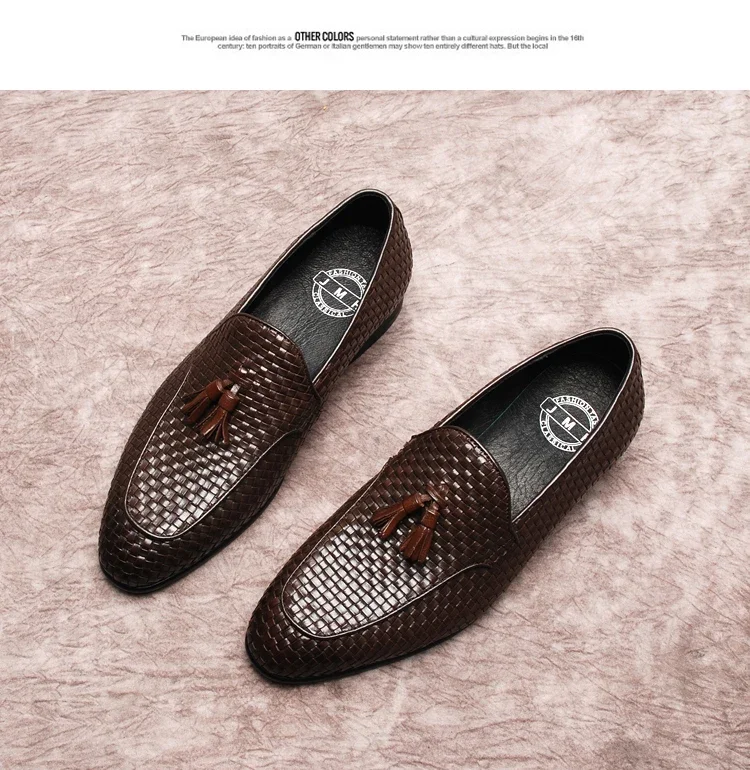 Hand-woven men's shoes, leather tassel loafers, men's British business, leather shoes, single-pedal shoes