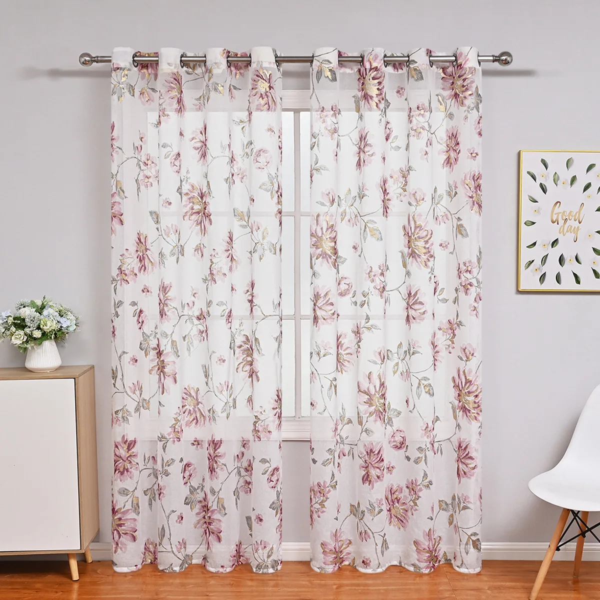 

LL2026Modern simple fresh pastoral drop plastic hot stamping large flower perforated curtains living room bedroom curtain cloth