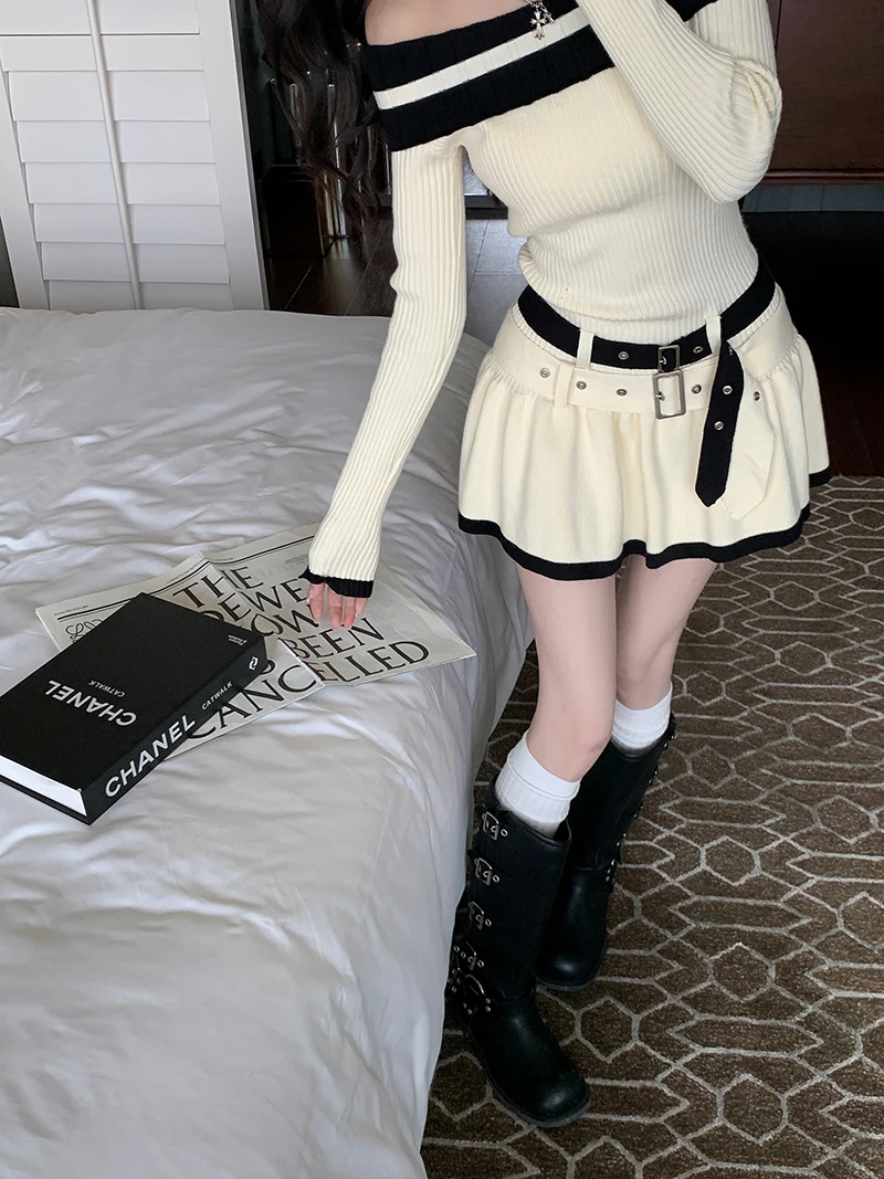 Y2K Slim Casual Knitted Mini Dresses Women Off Shoulder Elegant Korean Fashion Short Party Dress with Belt Autumn New Clothing