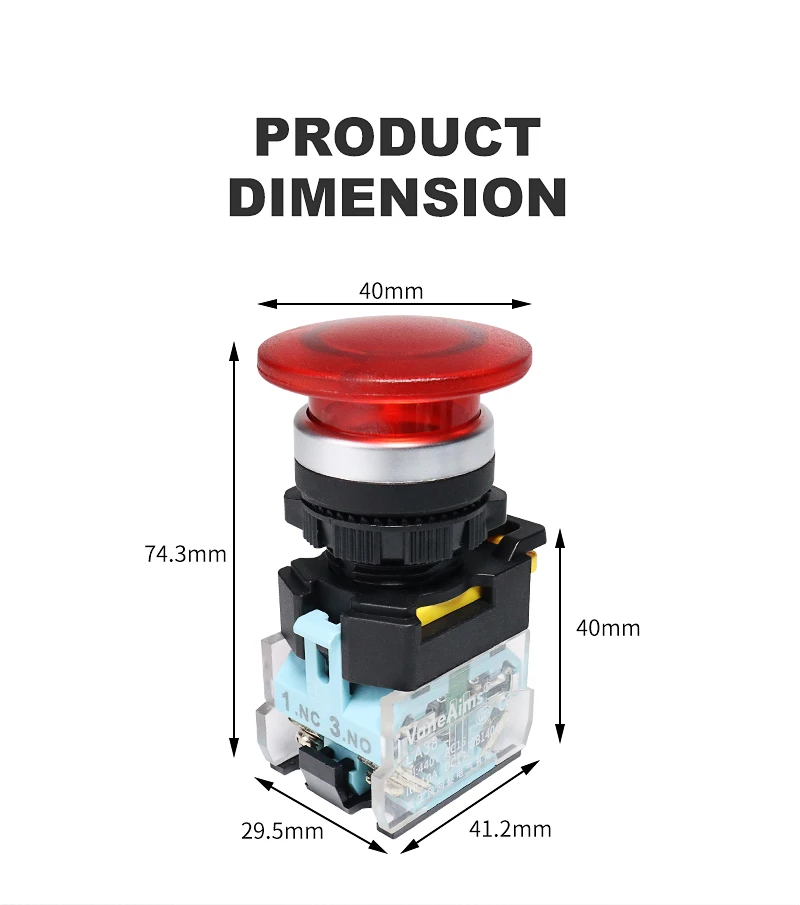 Description Picture 5 of itemBig Red Green Mushroom Push Button Switch Vaneaims 22MM FXB38 10A 1NO1NC Latching Momentary Starter Stop Enter Buttons Switches