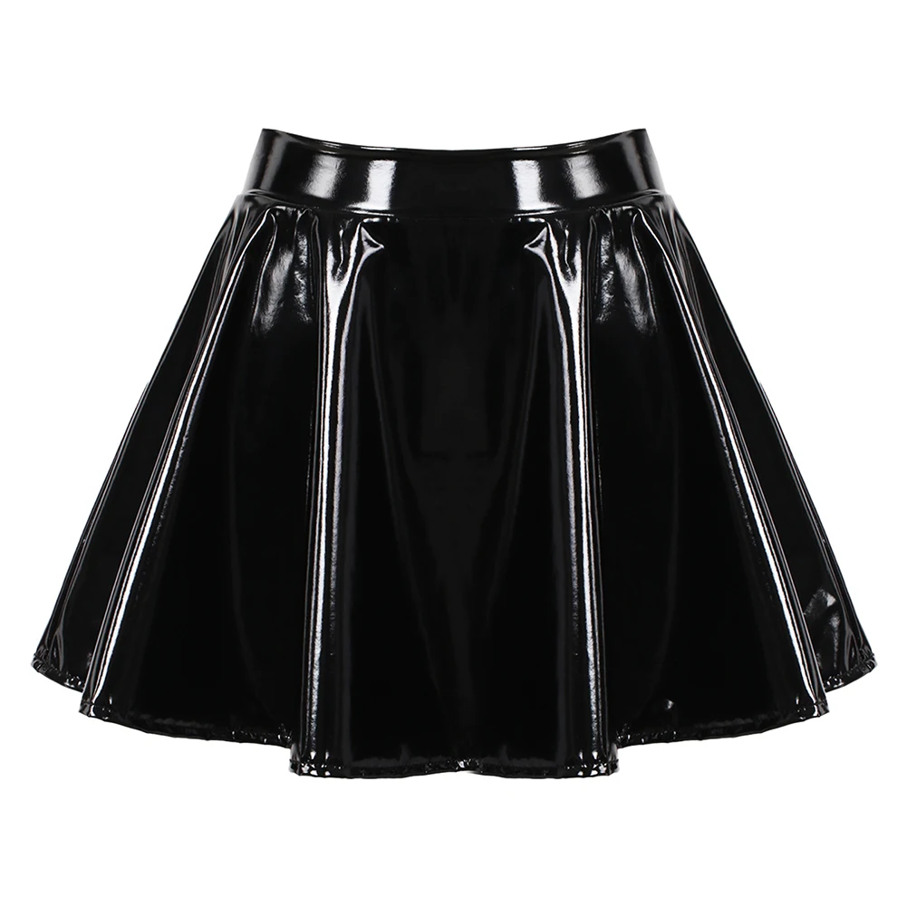 

Glossy Patent Leather Flared Miniskirt for Women Clubwear Cosplay Costume Pleated Skirt Elastic Waistband Retro Style