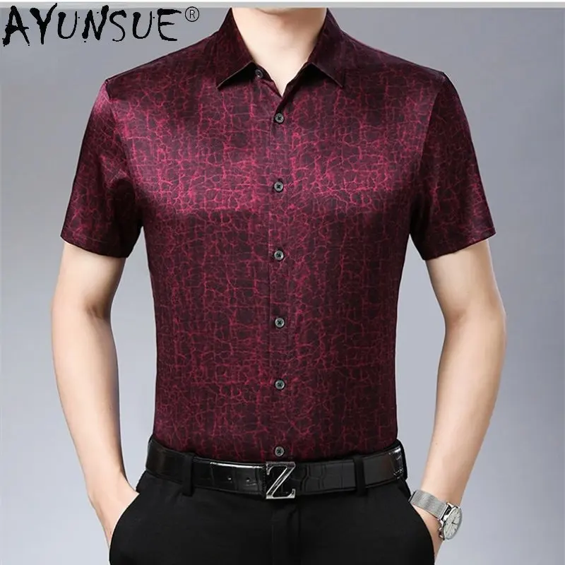 

High Quality 93% Mulberry Real Silk Short Sleeved Shirt for Men Loose Silk Satin Shirts Male Tops Men's Clothing Vetement Homme
