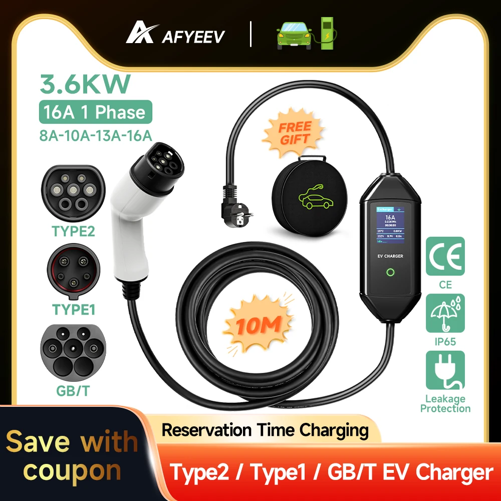 Afyeev Portable Type2 Iec62196-2 Ev Charger 16A Gb/T Evse Cavo Di Ricarica Type1 Sae J1772 Eu Plug Controller Wallbox Per Auto