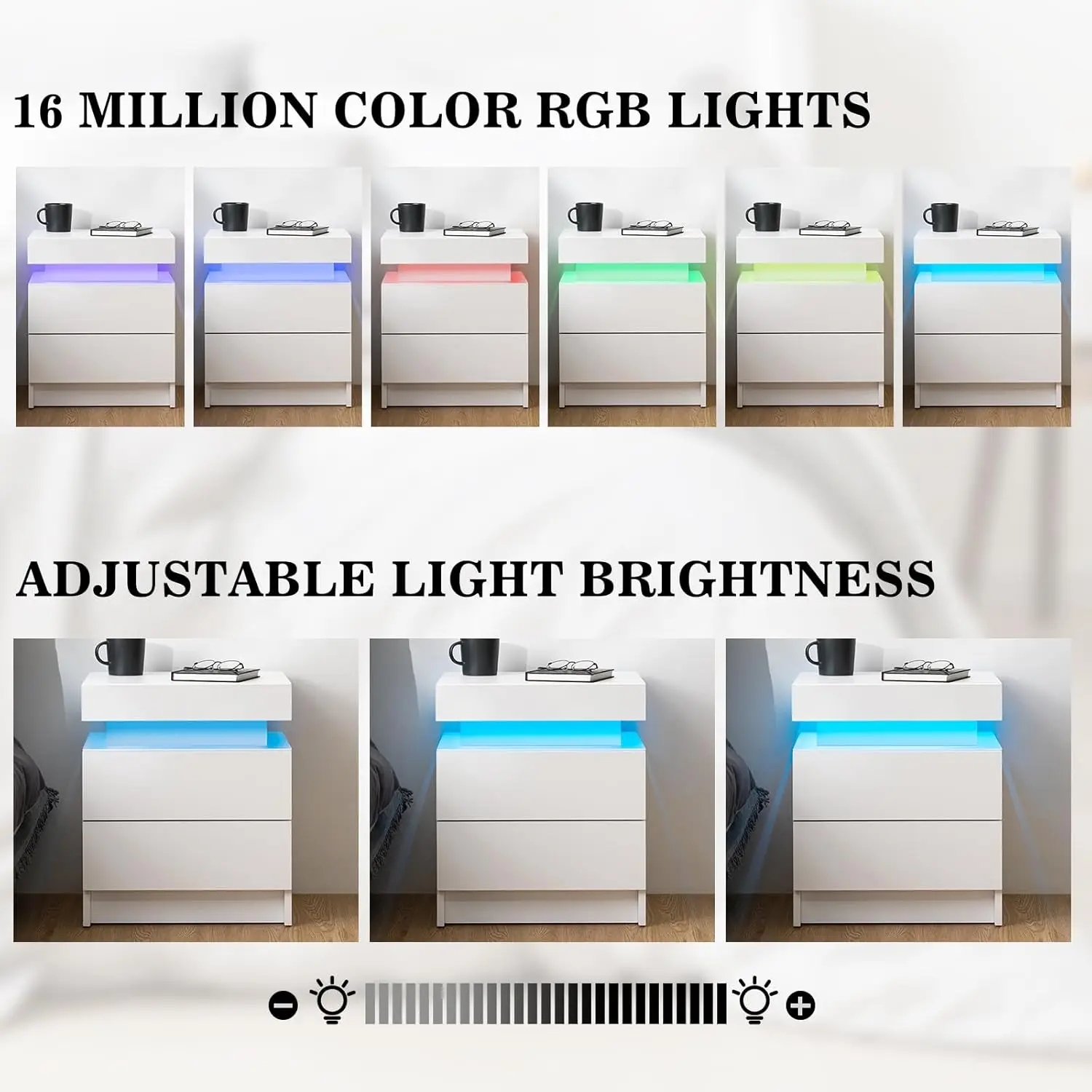 Set of 2 LED Nightstands Modern White Nightstand with Led Lights Wood Matte Led Bedside Table Night Stand with 2 High Glo