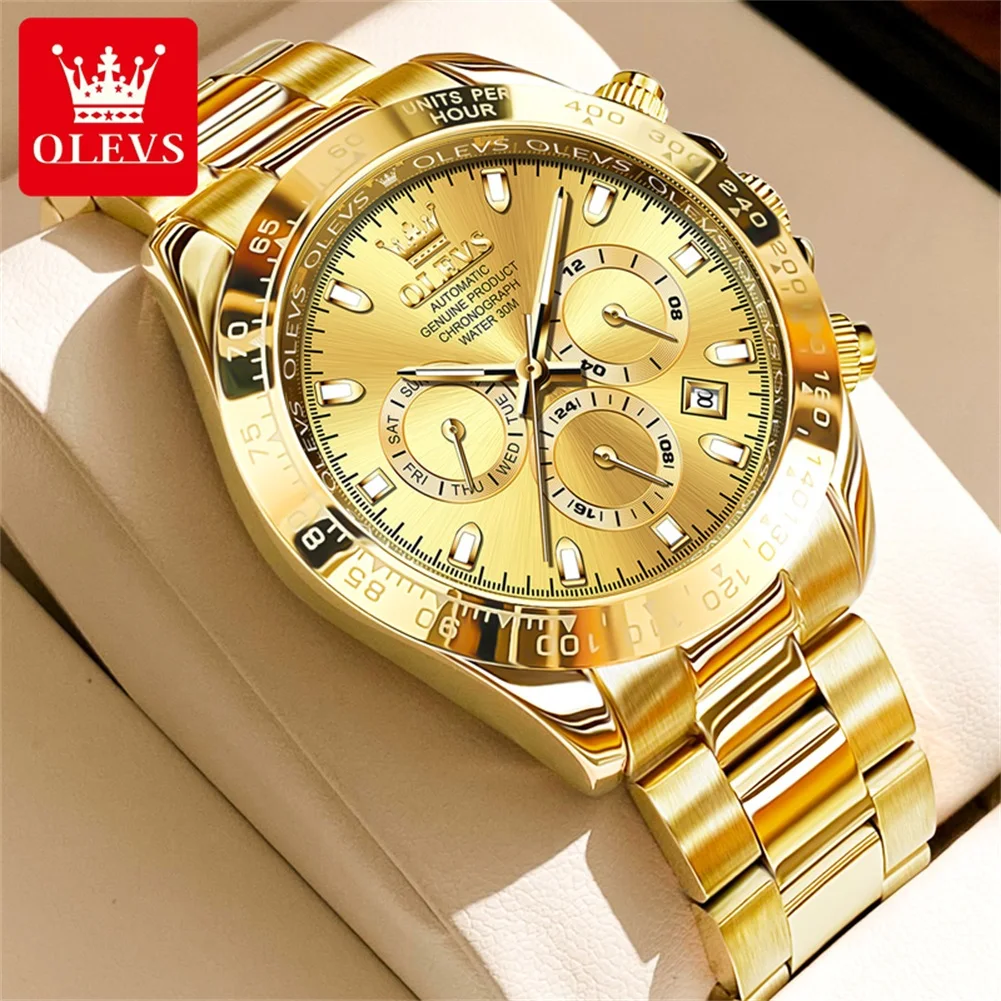 OLEVS Brand New Luxury Gold Mechanical Watch for Men Stainless Steel Strap Waterproof Luminous Automatic Calendar Mens Watches