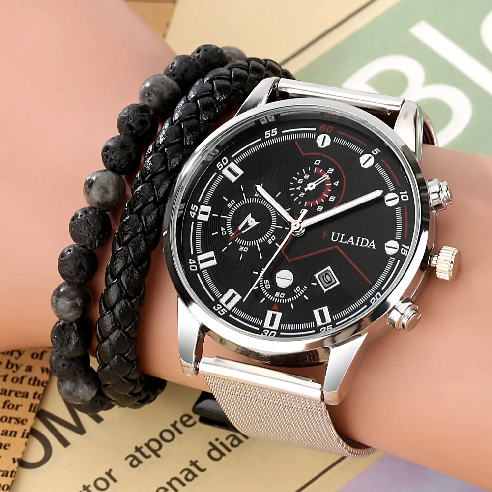 Silver Luxury Men's Watch Gift Stainless Steel Mesh Quartz Watch with Calendar for Men Bracelet Accessory Best Gift to Boyfriend