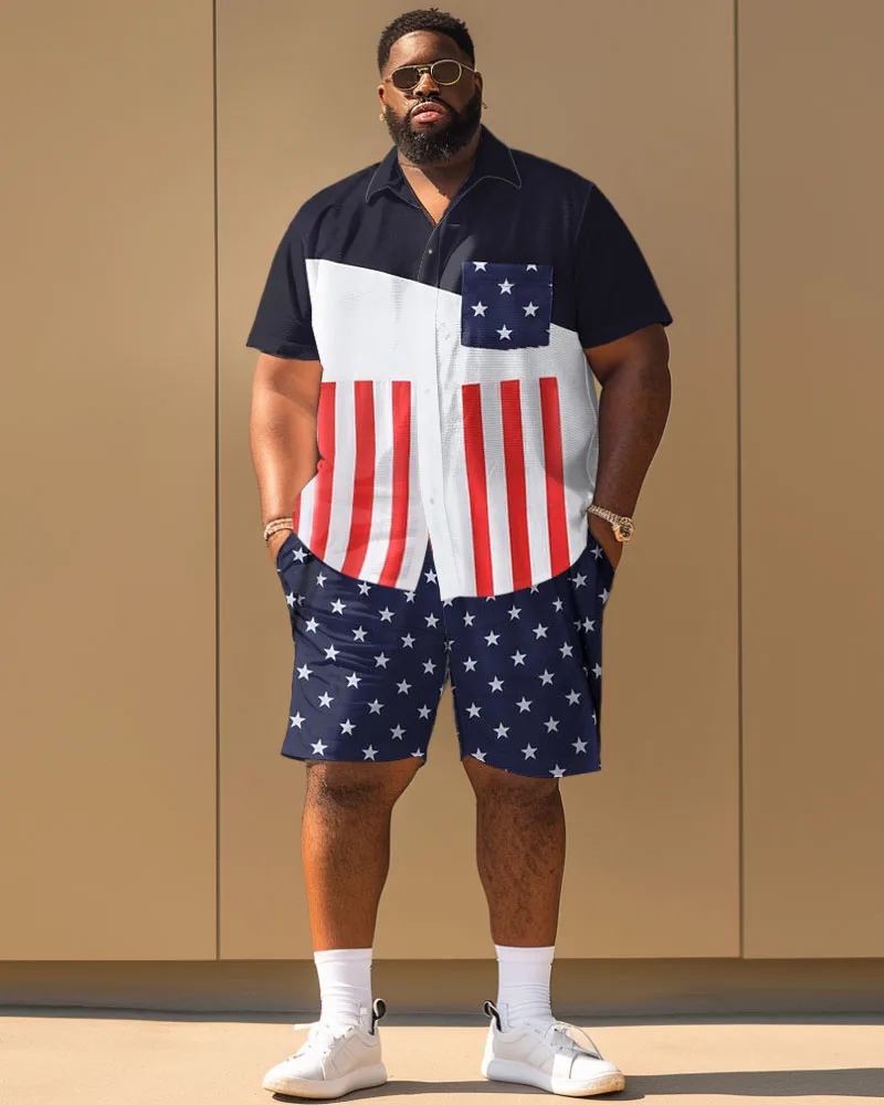 Biggmans Plus Size L-9Xl Plus Size Men's Clothing Independence Day Flag Car Printed Short Sleeve Shirt Shorts Suit Set