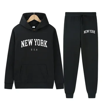 Men New York Letter U.S.A City Hoodies + Pants 2 Pieces Sets Fashion Sweatshirts Women Casual Hooded Pullovers Sportwear Suit