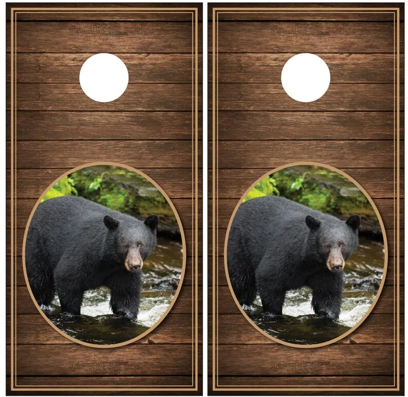 

Black Bear Wood Background Cornhole Decal Wrap