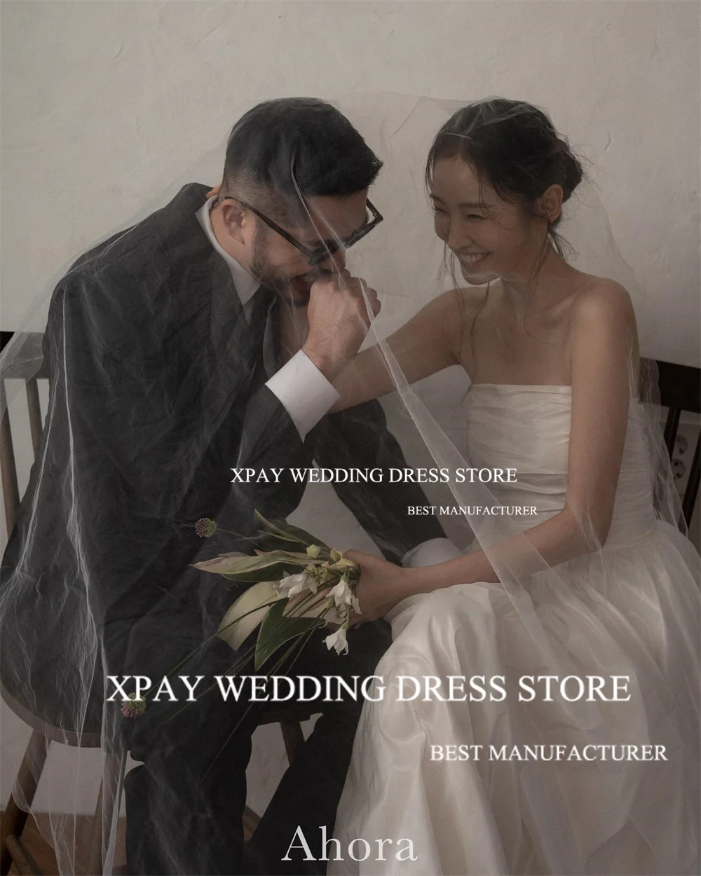 XPAY elegante senza spalline una linea corea abiti da sposa pieghe taffetà abito da sposa Backless foto di nozze sparare abito da sposa personalizzato