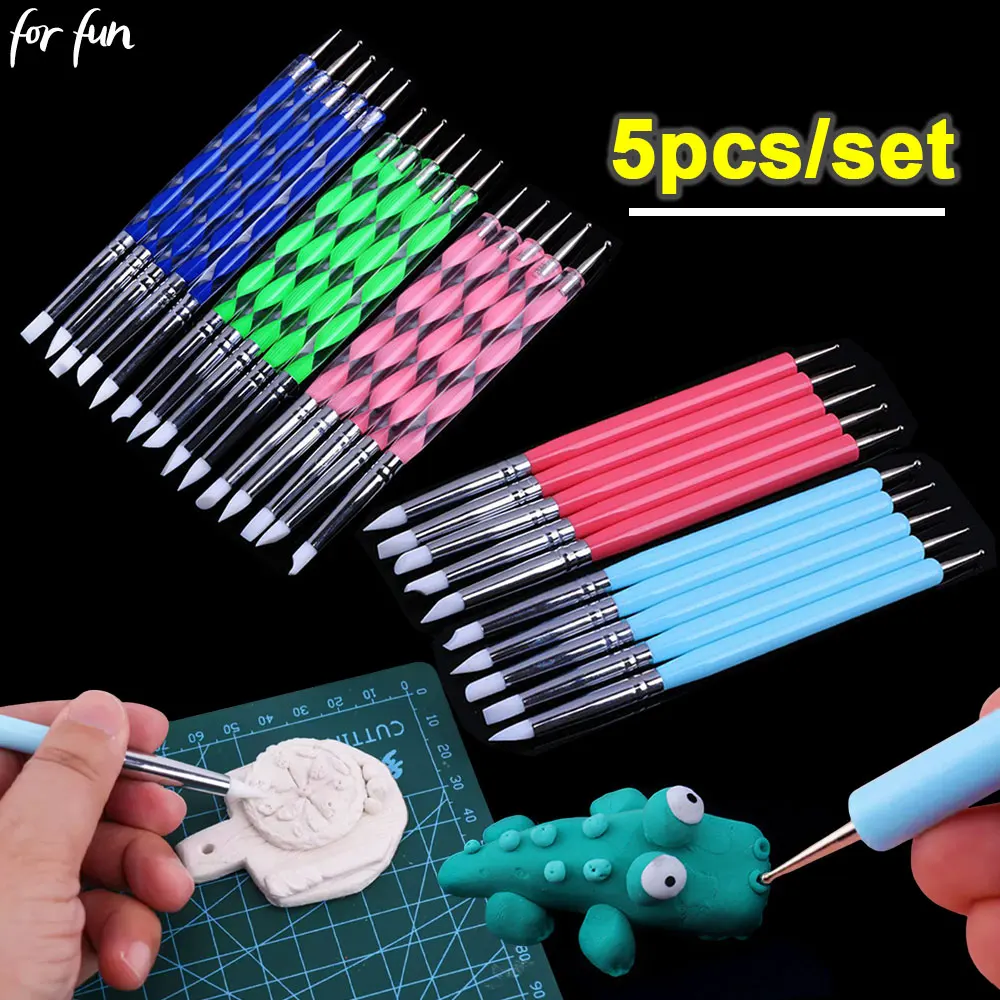 For Fun Two Head Dotting Tools Acrylic Sculpting Polymer Soft Pottery Clay Tool Silicone Head Art Embossing Shaper Tool 5Pcs/Set
