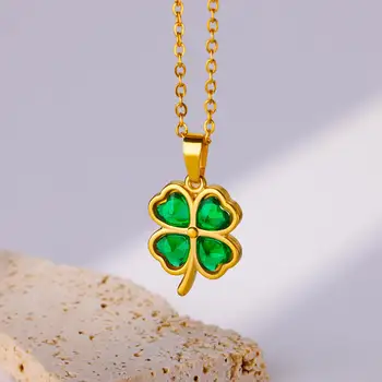Women Green Zircon Gold Stainless Steel Jewelry Gift Pendant Necklace