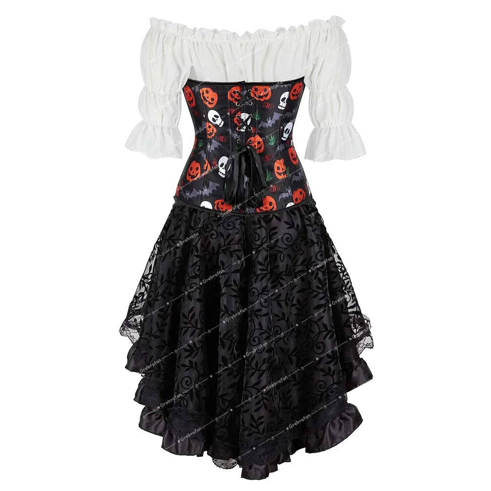 Burlesque Bustier Corset Skirts 3 Piece Pumpkin Skull Printing Corsets Dress Set Halloween Costumes Party Costume Sexy Plus Size