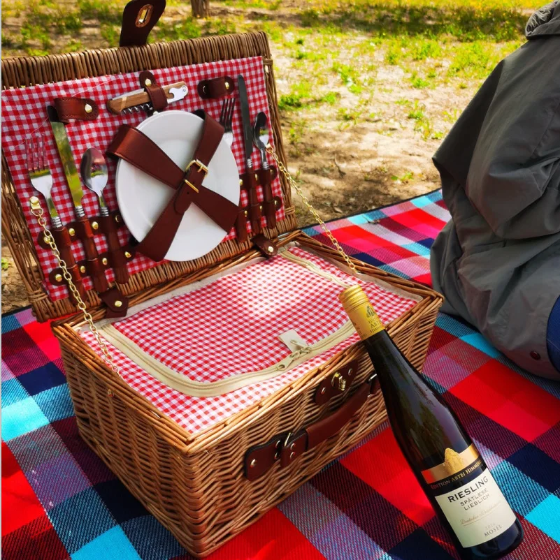 Rattan wicker picnic basket outdoor picnic household storage basket fruit steak vegetable basket with cutlery 4