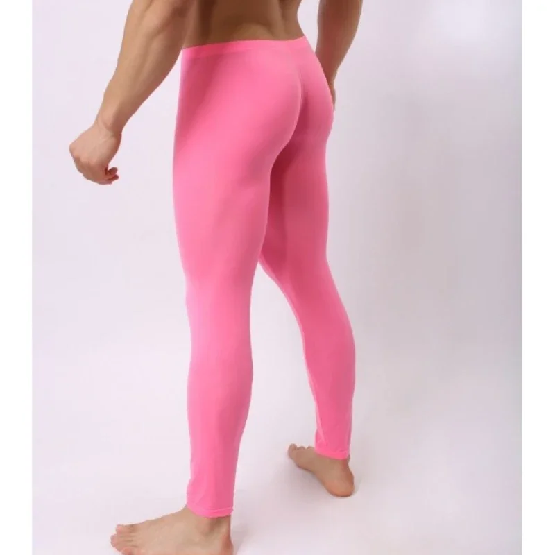 Pink Men's Exotic Pants Ice Silk Leggings Long Johns Ultra-thin Male Pouch Underpants Shapewear Lingerie Pajama Bottom Nightwear