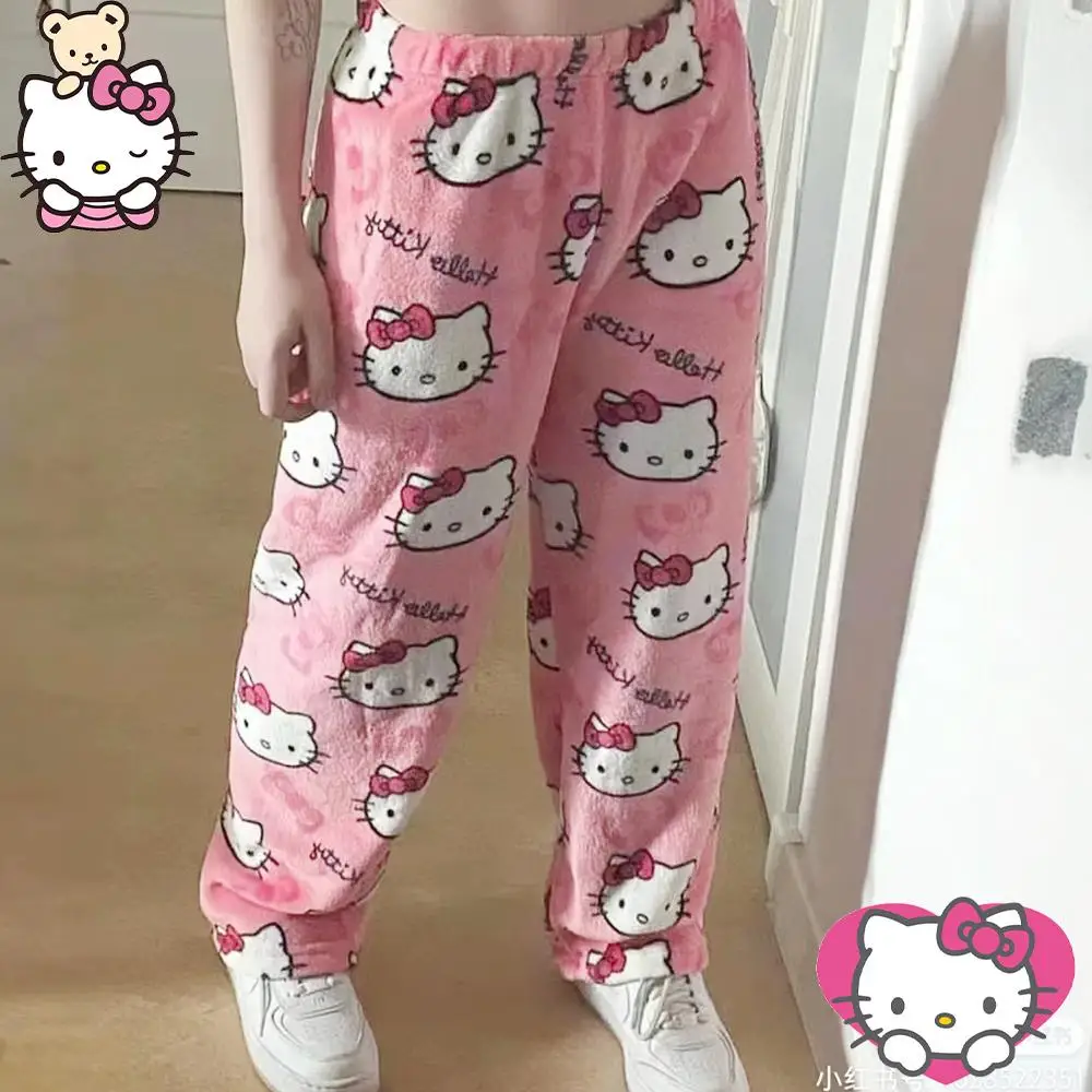 

Y2K женские брюки с рисунком Hello Kitty Sanrioed, милые хлопковые брюки с рисунком аниме, зимние Утепленные домашние брюки в стиле хип-хоп