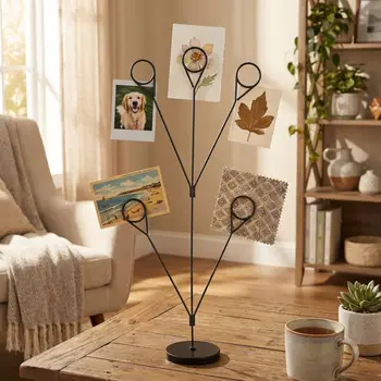 Organizer da Scrivania con Portafoto a 5 Rami, Base Rotonda in Metallo, Morsetto per Sedile, Portafoto Verticale, Supporto per Memo, Clip per Ufficio