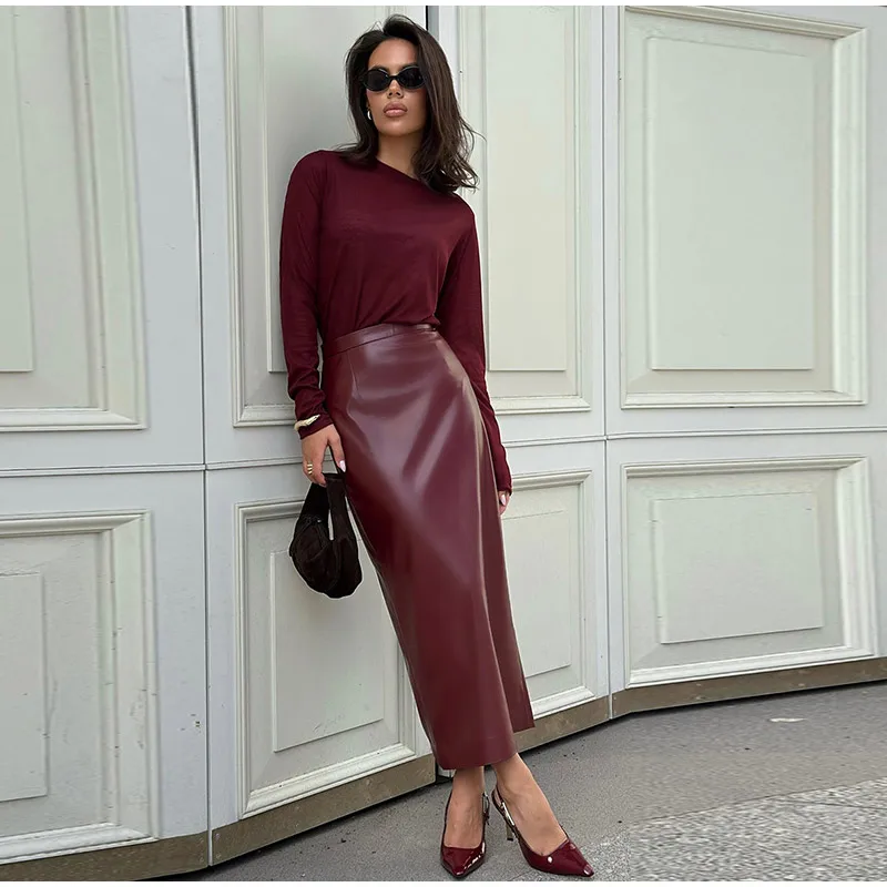 Fashion Burgundy Red Leather Skirt Slim Fit Hip Package Split Skirts Female Autumn Winter Commuting High Street Outwear