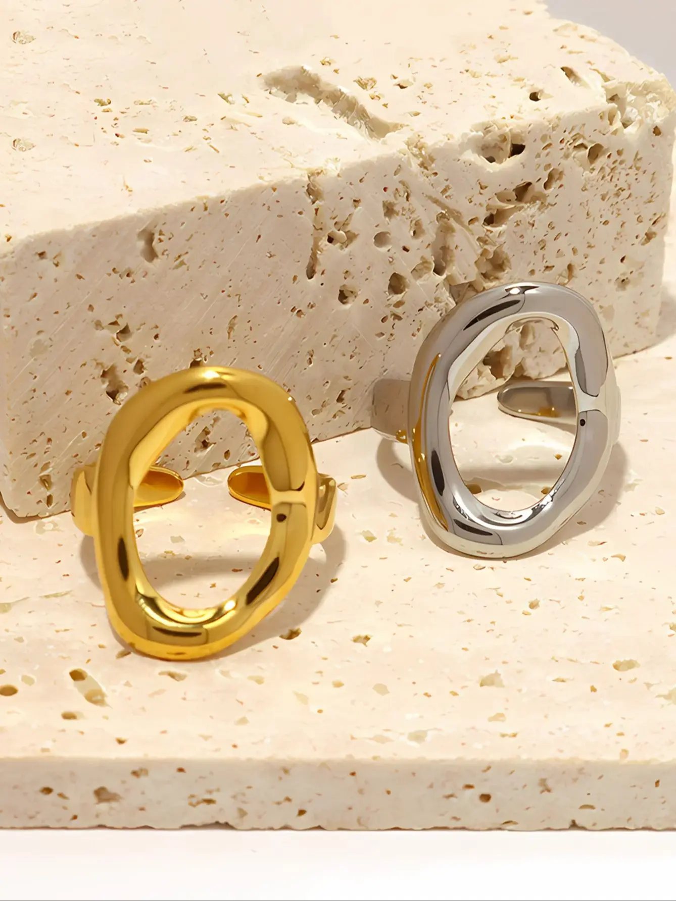 Offene ovale Ringe aus Edelstahl mit 18-Karat-Vergoldung für Damen, Alltagskleidung für Damen, wasserdichter Schmuck, schlichter modischer geometrischer Stil – Detail 2