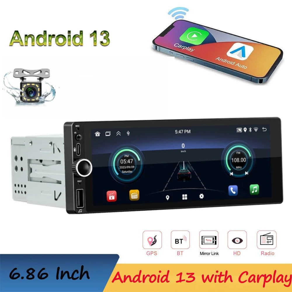 

1 Din Android Car Radio Wireless CarPlay Android-Auto Wifi Bluetooth Handsfree GPS FM RDS USB 6.86" IPS Screen Head Unit BD6021A