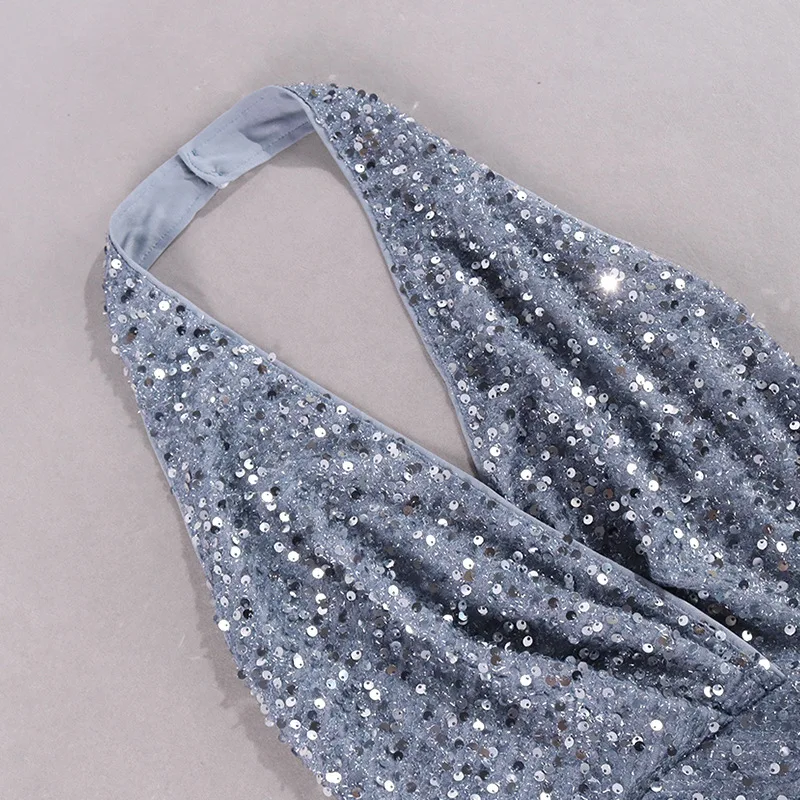 Mingmingxi Sequin Halter Prom Dresses Silver Elegant Party Dresses for Women 2023 Backless Sexy Bodycon Dresses Summer