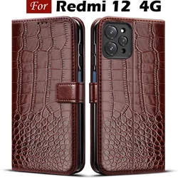 Leather Wallet Phone Case with Magnetic Stand and Card Holder - Redmi 12 (4G) (Deep Brown)