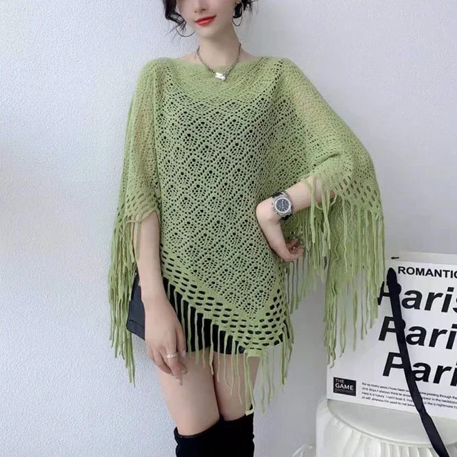 

Spring Autumn New Pullover Cape Women Hollow flower Knitting Poncho Capes Batwing Sleeves Shawls Sunscreen Solid Cloak Green