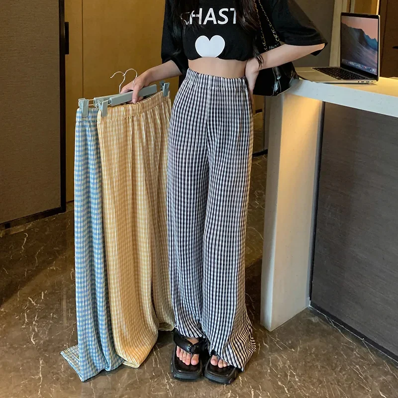 

Gidyq Fashion High Waist Plaid Pants Women Summer Streetwear Folds Wide Leg Pants Korean Casual Female Loose Trousers New