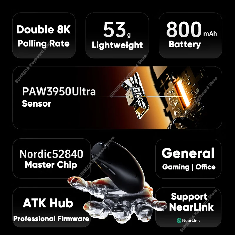 ATK A9 Ultra Dragonfly A9Plus A9Pro Wireless Gaming Mouse NearLink PAW3950 8K HZ 750IPS 42000DPI Lightweight E-sports Mouse