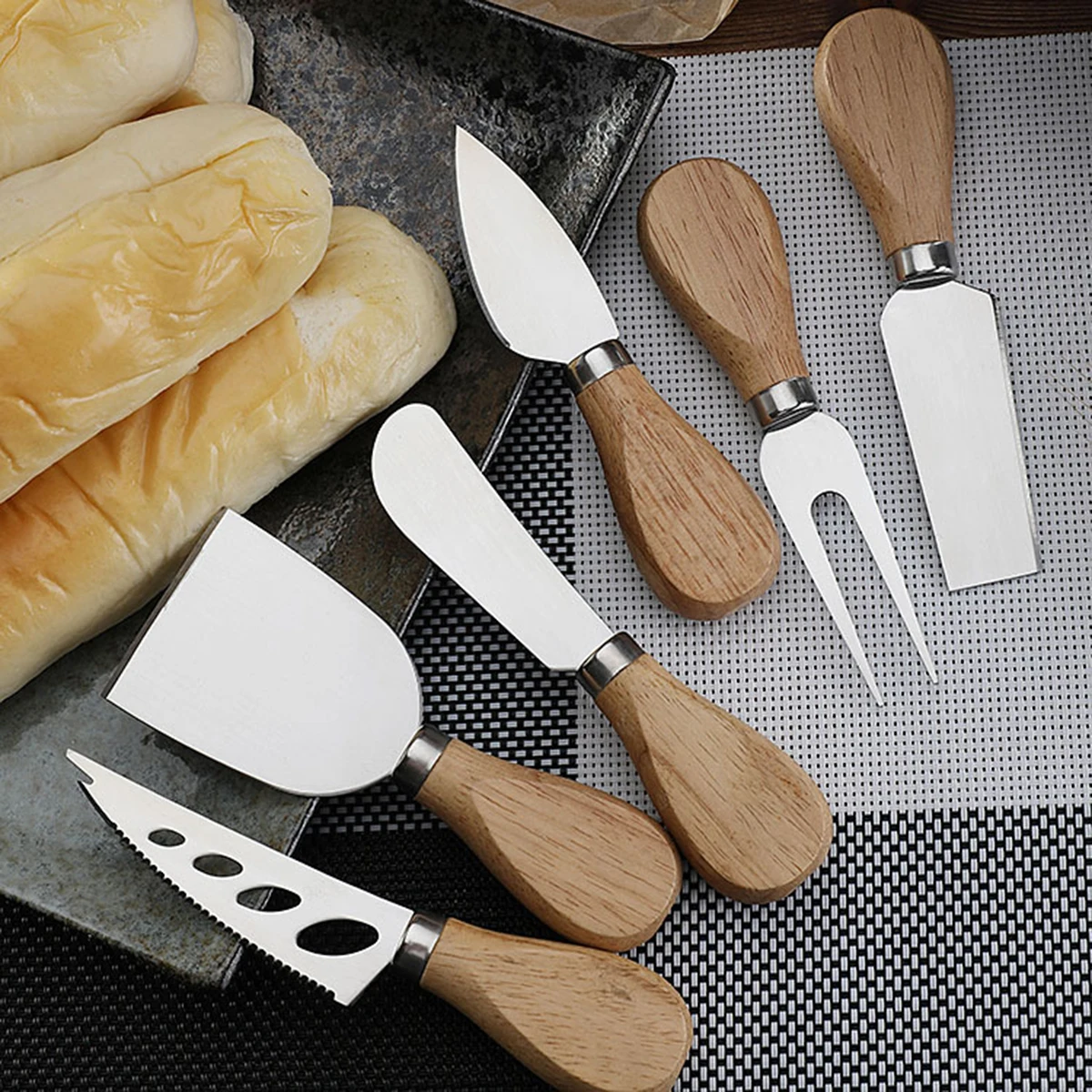6-Piece Wooden Handle Stainless Steel Cheese Knife Butter Pizza Fork Butter and Cream