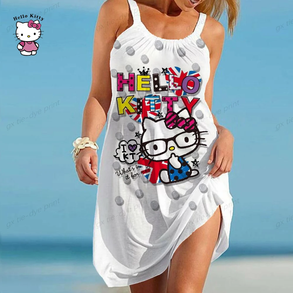 

Women's Summer Dress O Neck Hello Kitty Print Spaghetti Strap Dress Casual Dresses Hi-Low Party Boho Beach Maxi Dress