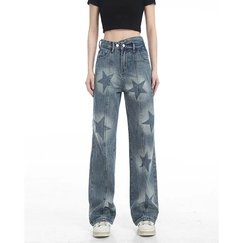 Deeptown Vintage Straight Jeans for Women Y2k Streetwear High Waist Star Print Denim Pants Aesthetic Korean Style Baggy Trousers