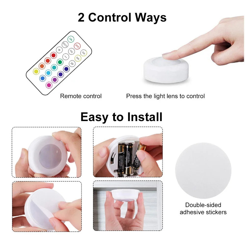 Enhanced Wireless RGBW LED Puck Lights with Remote Control and Dimmable Features for Versatile Indoor Lighting