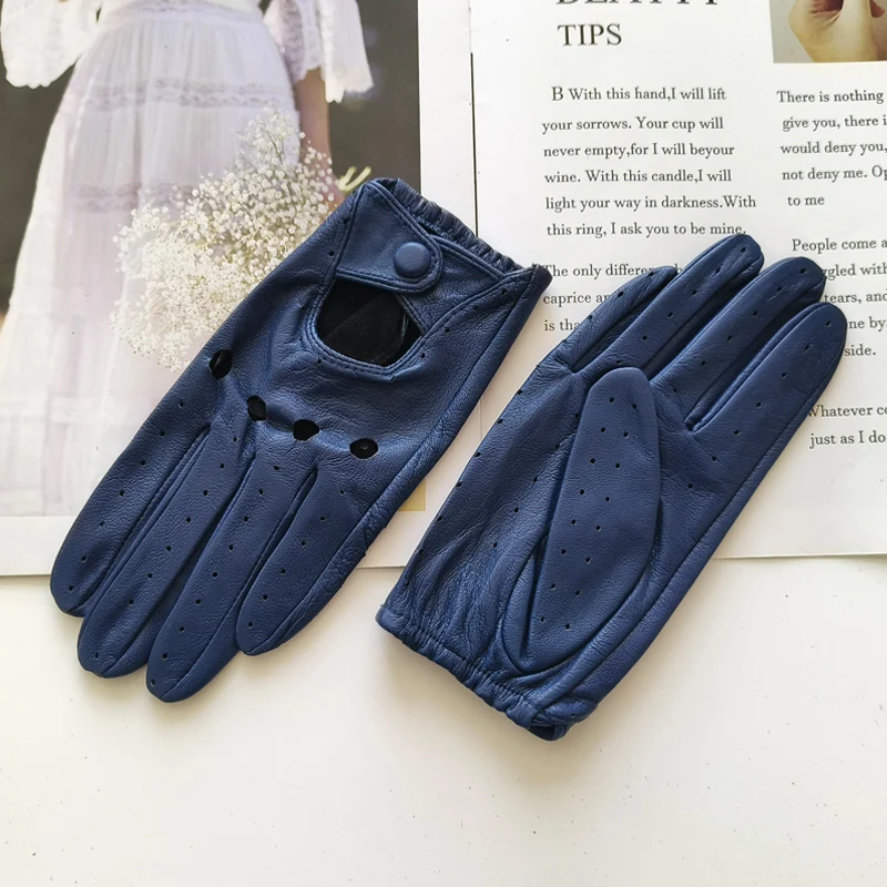 Damen-Fahrerhandschuhe aus Schaffell. Dünne, atmungsaktive, ungefütterte, farbige Lederhandschuhe. Sommer – Detail 20