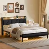 Bed Frame with Headboard and LED Lights, Upholstered Bedframe with Charging Station and USB Port, Platform Metal Bed Frames 4