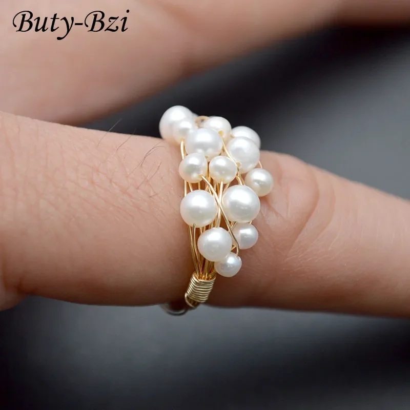 Handmade Natural Pearl Roundle Beads Wire Wrapped Lacework Multi Rows Rings Fashion Woman Jewelry