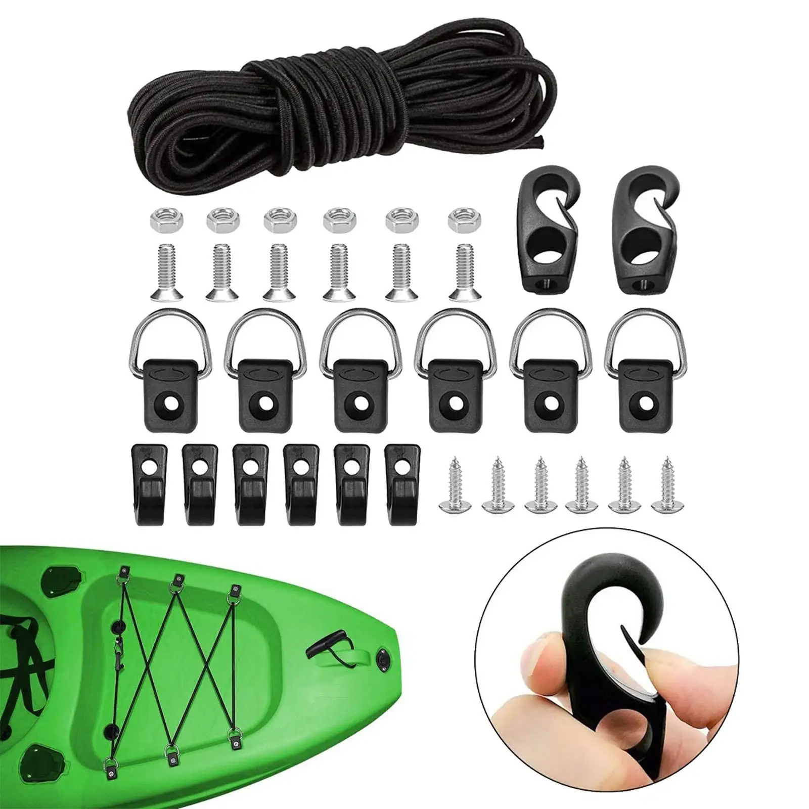 Kayak Deck Rigging Screws J Hooks D Rings Bungee Cord for Camping Outfitting Boat Canoe Accessories