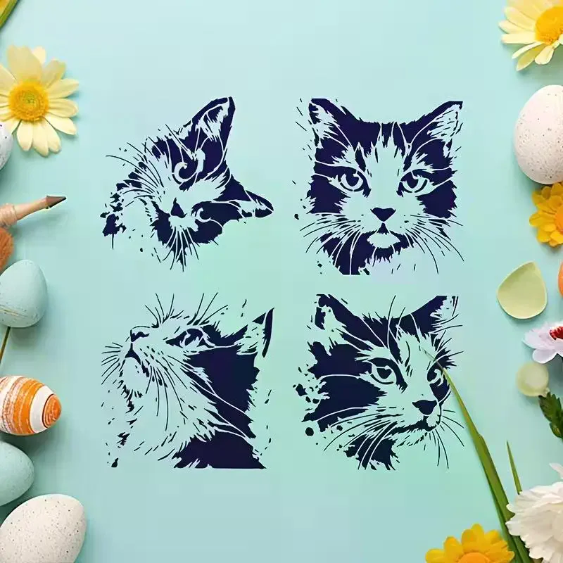 4개/세트 고양이 그림 스텐실, 귀여운 새끼 고양이 패턴이 있는 재사용 가능한 속이 빈 DIY 몰드, 나무 간판, 벽, 저널에 적합
