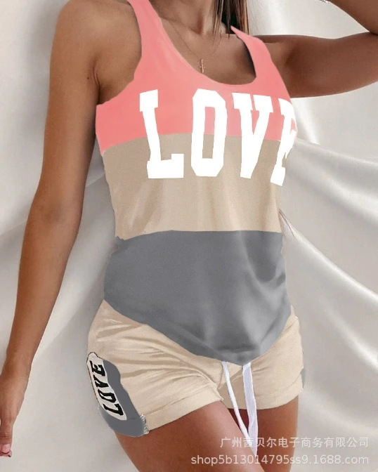 2024 Summer Leisure Elegant New Sleeveless Tank Top Three Piece Pajama Set Printed Top Drawstring Waist Shorts Set