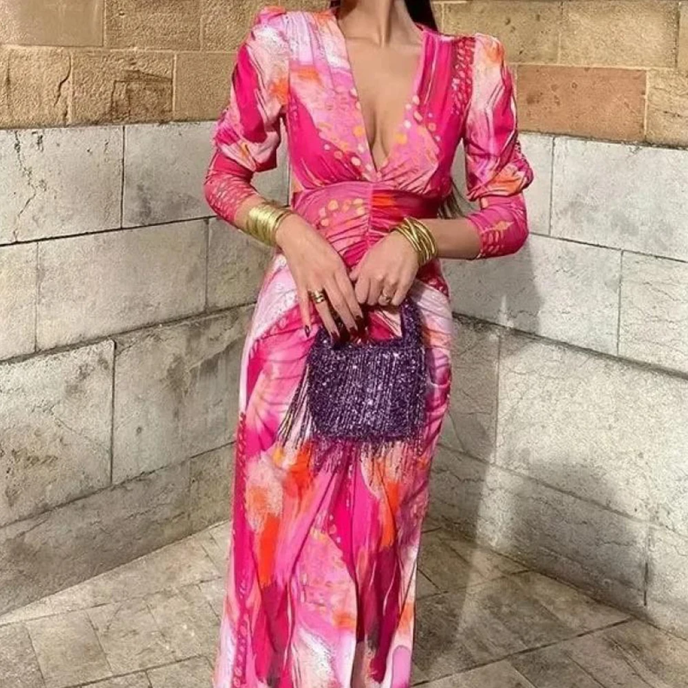 

Pleat Print Long Sleeve Dress Summer Boho Print Sexy Pullover Medium Length Skirt 2024 Fashion Flower Evening Party Clothes