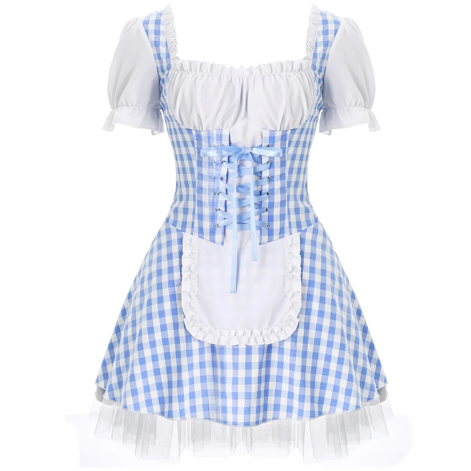 Blue Gingham Dress Womens Plaid Print Short Sleeve Tulle Dress Fairytale Halloween Maid Cosplay Costume Carnival Party Dresses