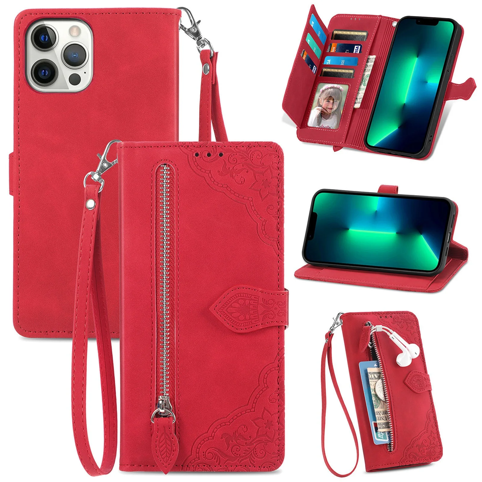 Lace Floral Leather Phone Case with Luxury Lanyard, Card Slots, and Wrist Strap Wallet Flip Cover