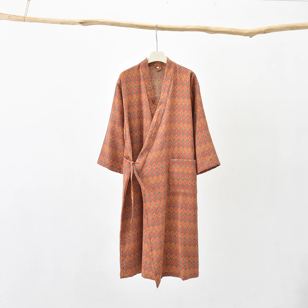 Japanese Women Cotton Yukata Kimono Robe, Summer Double Gauze Bathrobe, Thin Spa Sauna Pajamas, Breathable Belted Homewear